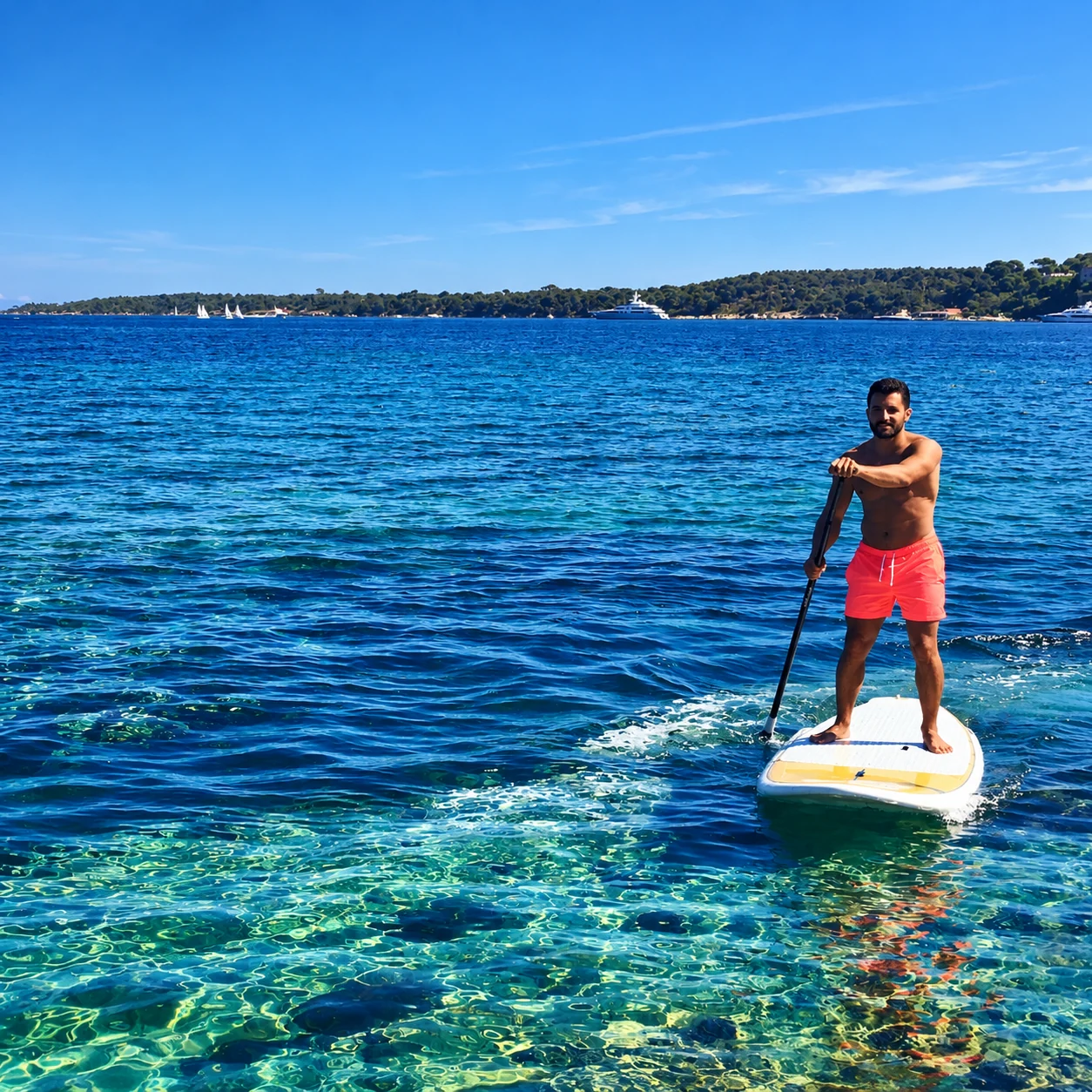 Homme en stand-up paddle sur la mer turquoise face aux îles de Lérins à Cannes