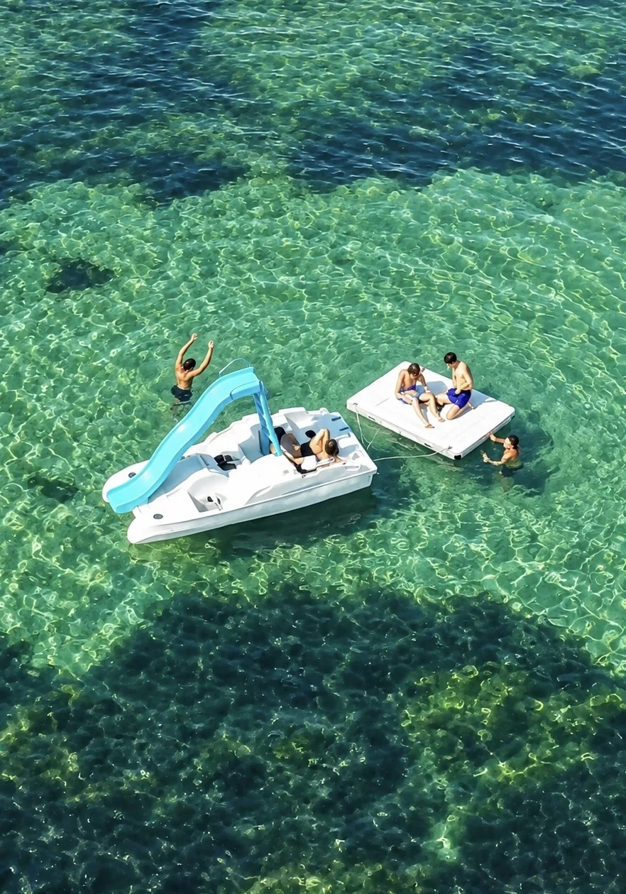 Pédalo avec toboggan et plateforme flottante dans une mer turquoise à Cannes